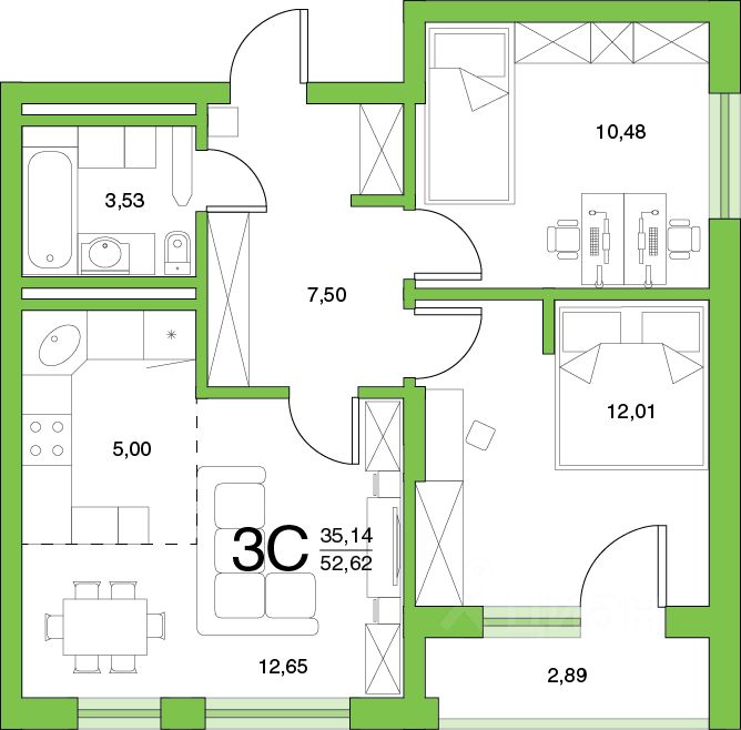 Baibol - 3-комн. квартира, 52,62 м²