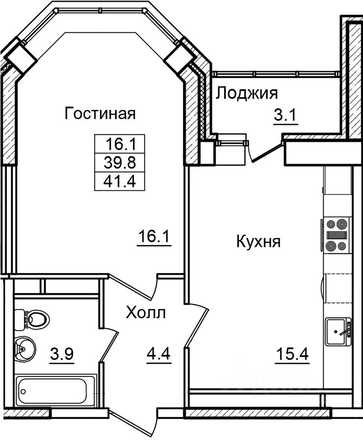 Baibol - 1-комн. квартира, 41,4 м²