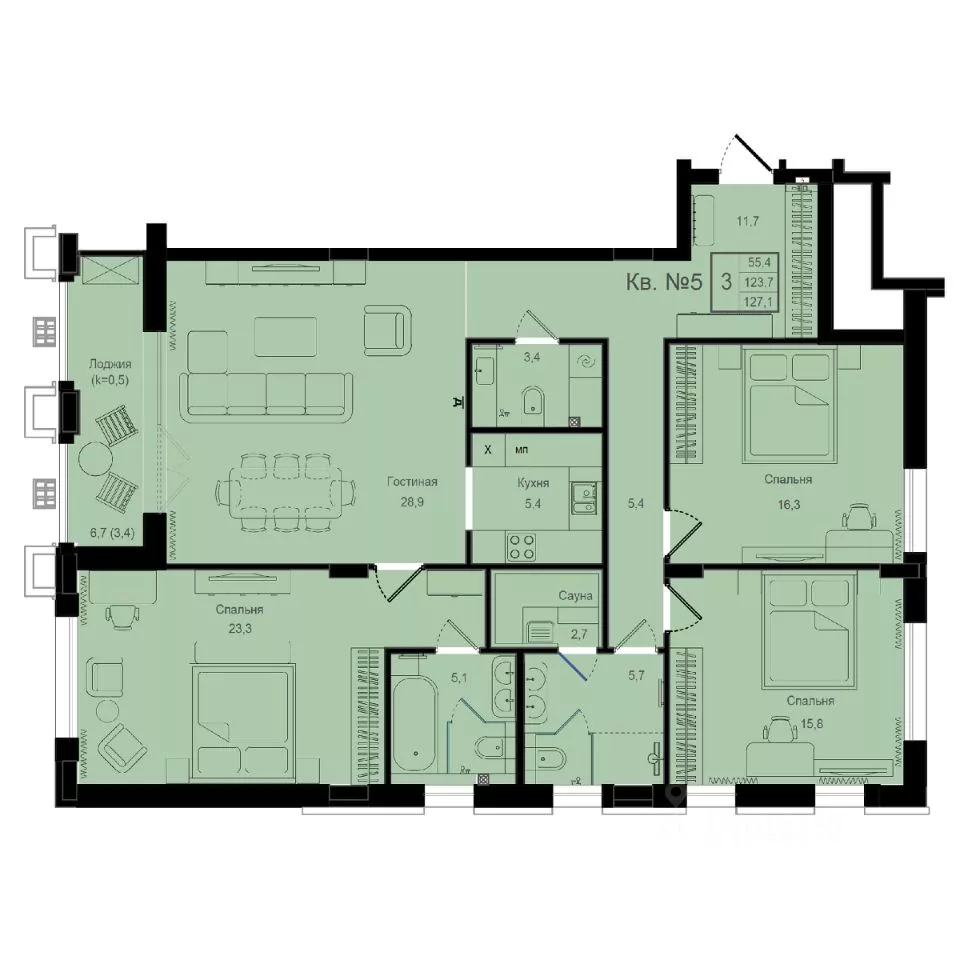 Baibol - 3-комн. квартира, 127,1 м²