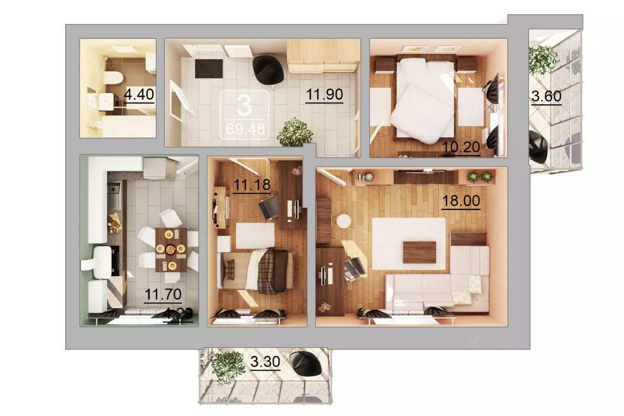 Baibol - 3-комн. квартира, 72 м²